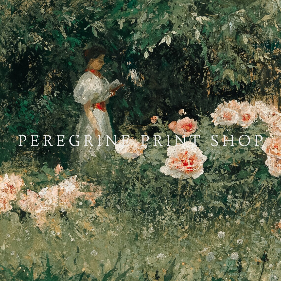 Woman Reading In Rose Garden Dark Green Impressionist Art Poster - Image 3