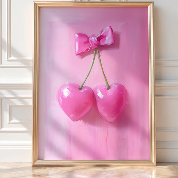 Glossy Pink Heart Cherries With Bow Y2k Coquette Fruit Print Wall Art Instant Home Decor