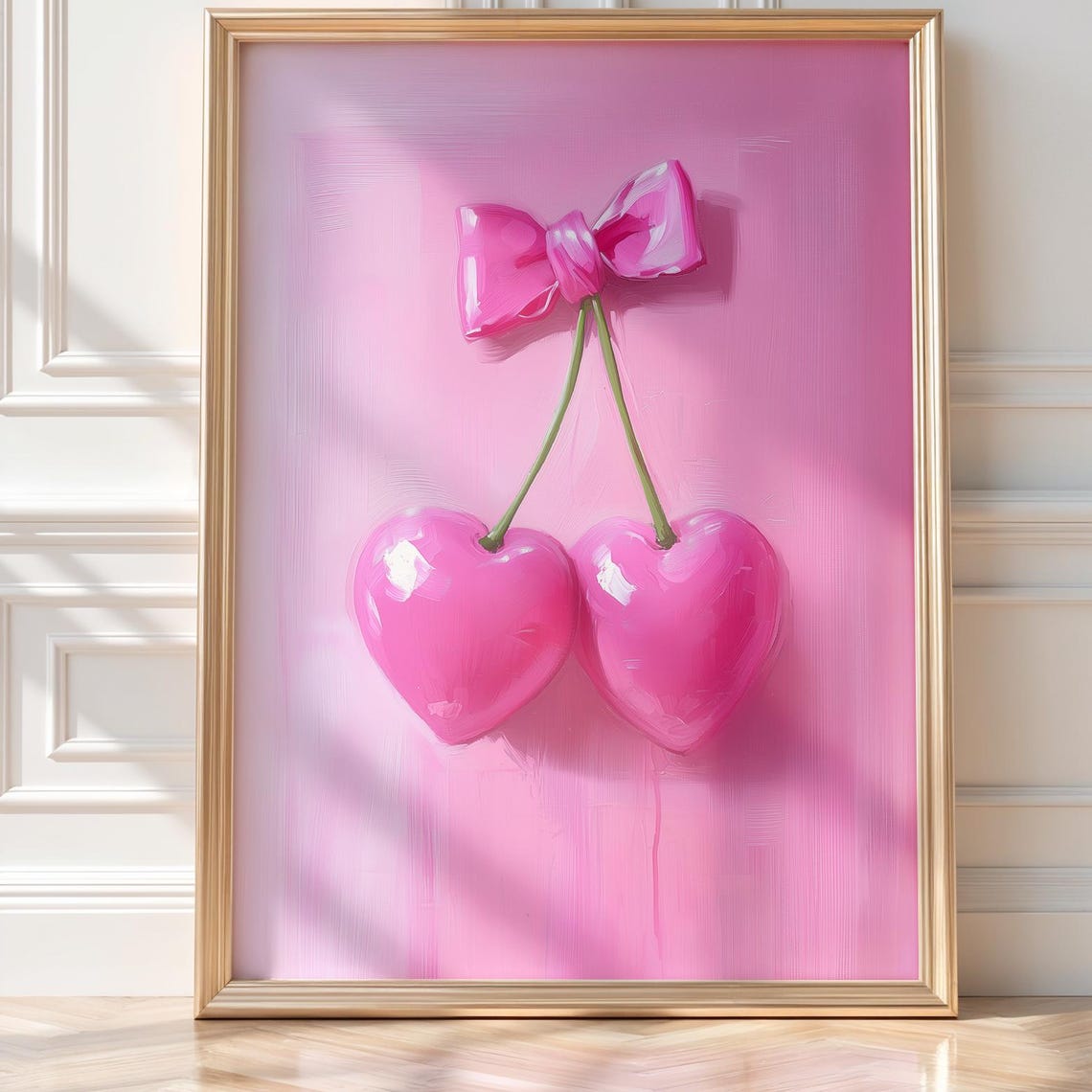 Glossy Pink Heart Cherries With Bow Y2K Coquette Fruit Poster