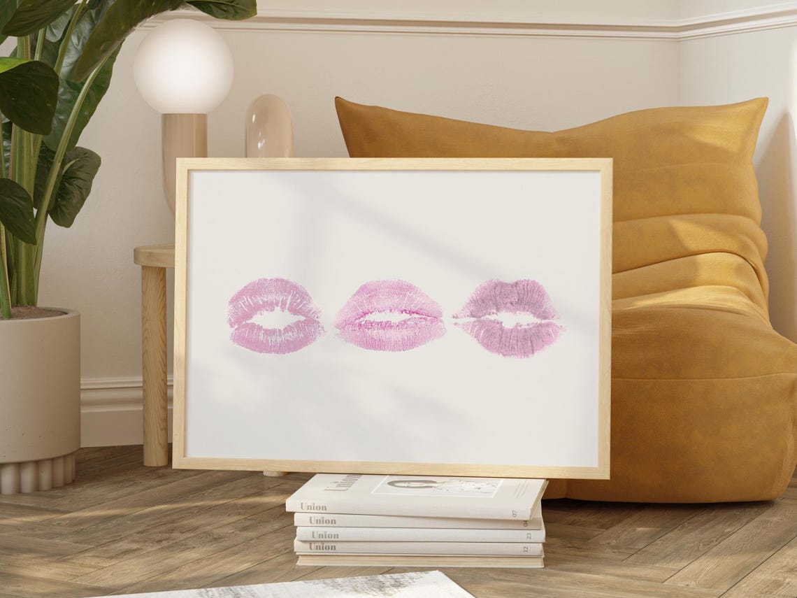 Triple Pink Lipstick Kiss Marks Minimalist Girly Vanity Art Poster
