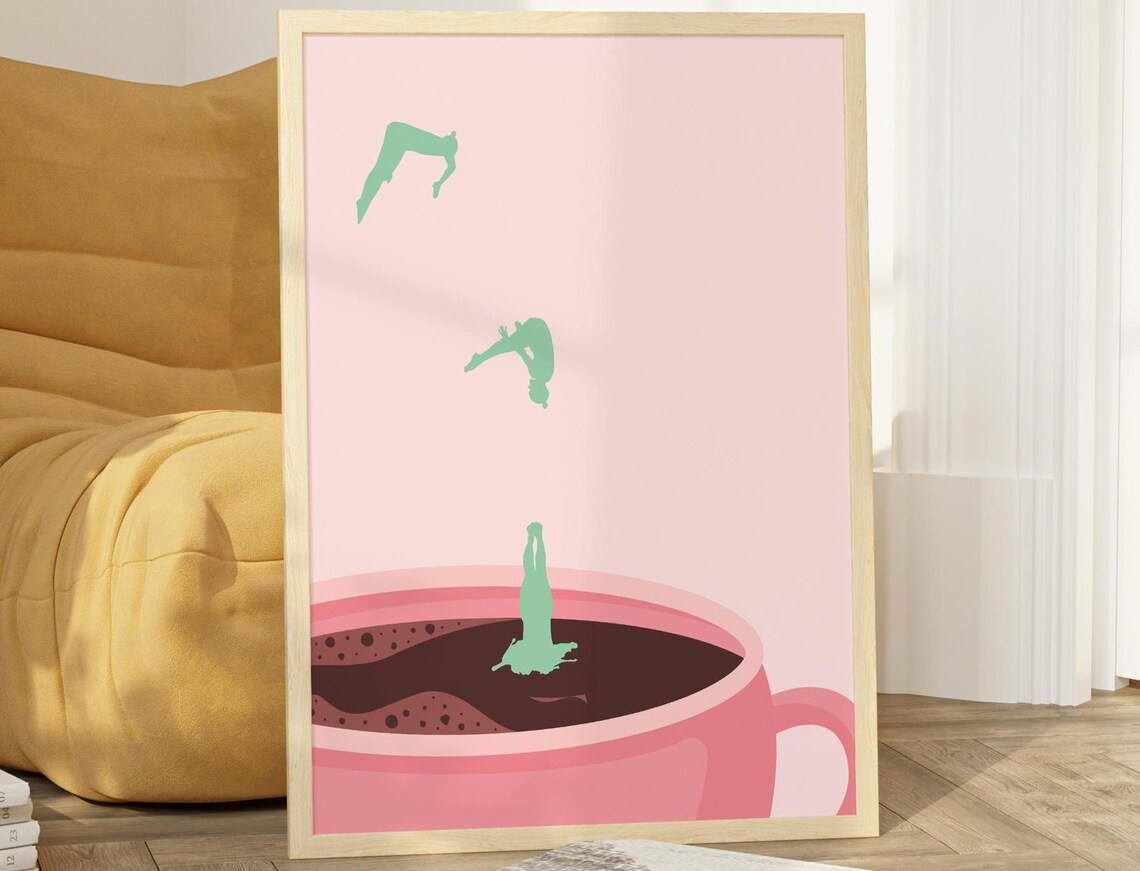 Swimmers Diving Into Giant Pink Coffee Cup Playful Minimalist Poster