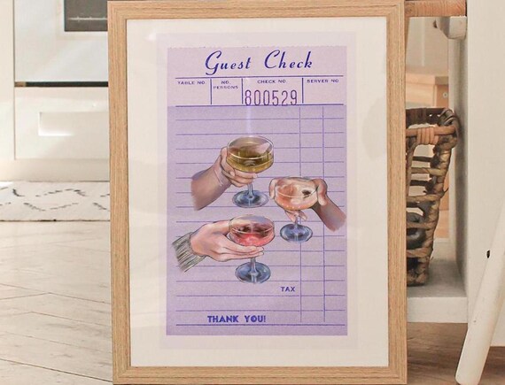 Cheers Guest Check Print Trendy Wall Art Prints Bar Cart Decor Purple Preppy Friend Gift