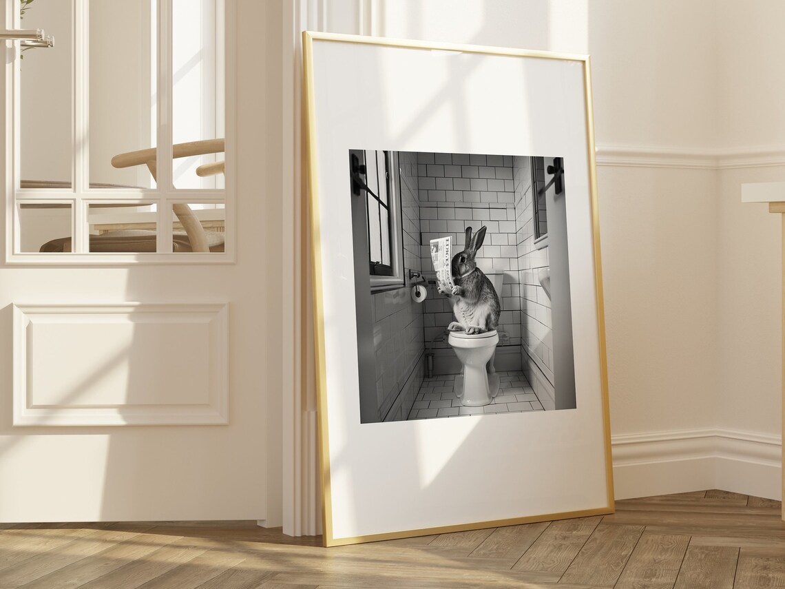 Rabbit Reading Newspaper On Toilet Funny Bathroom Photo Poster - Image 2