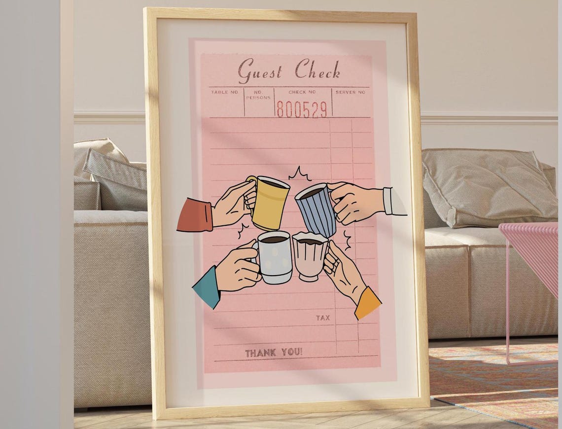 Pink Guest Check Four Hands Coffee Toast Retro Kitchen Wall Poster