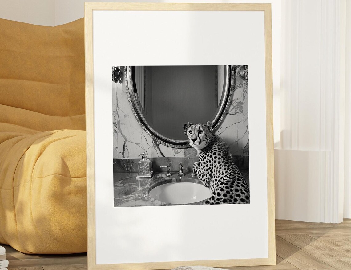 Black And White Cheetah At Marble Bathroom Sink Photo Poster