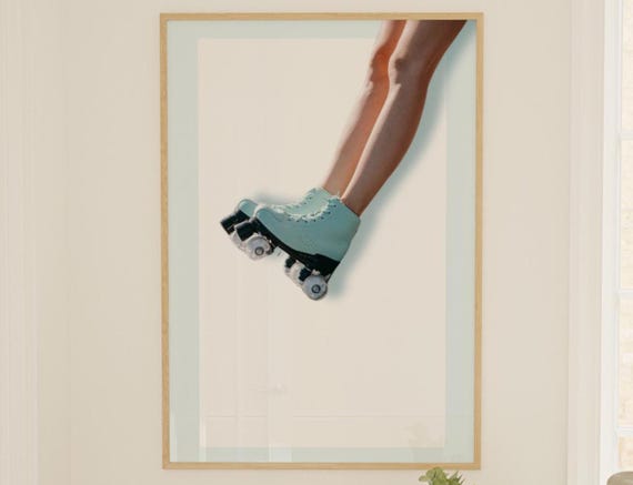 Roller Skating Girl Street Fashion Wall Art Sporty Gift New Home Warming For Her Retro Colorful Dorm Decor Blue