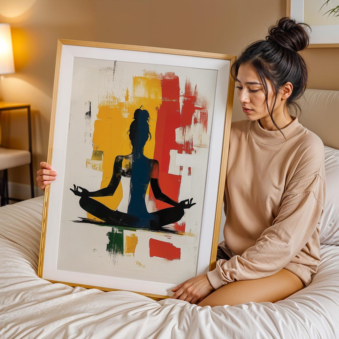 Meditating Silhouette Against Bold Yellow Red Abstract Poster - Image 2