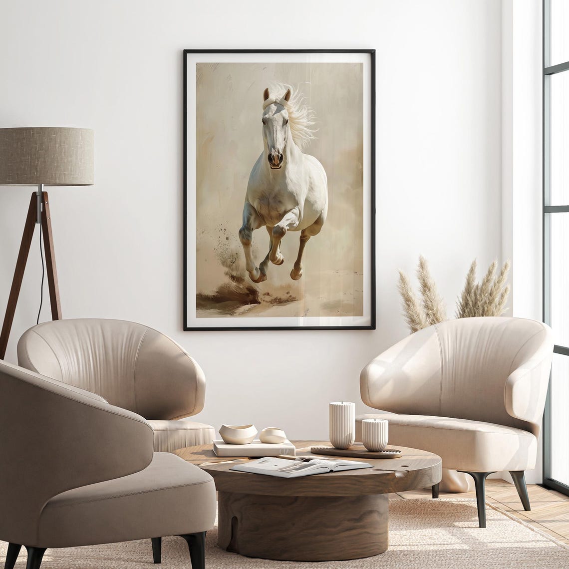 White Horse Running Forward Poster on Beige Elegant Equestrian - Image 2
