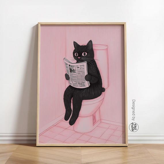 Funny Cat Bathroom Wall Art, Humorous Home Print