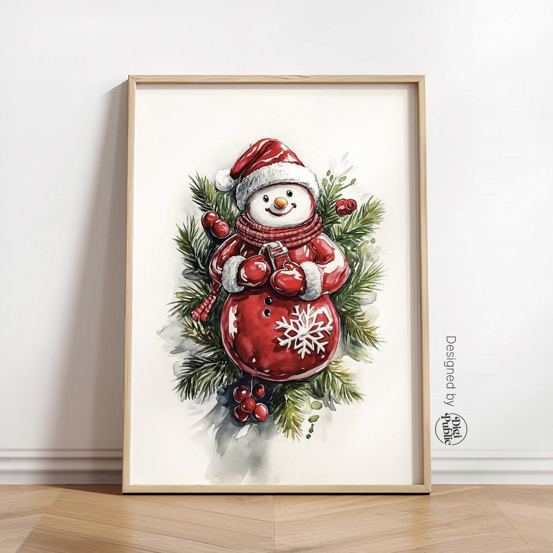 Cute Red Snowman Santa Hat Watercolor Pine Branch Christmas Wall Art