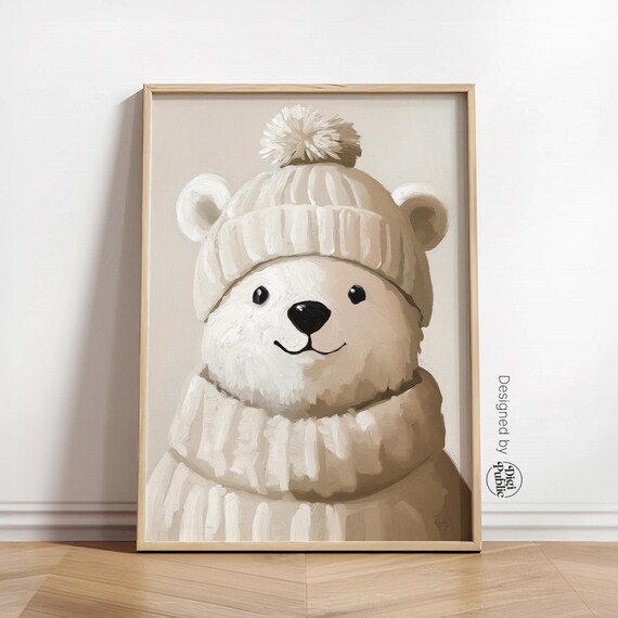 Cute Polar Bear In Cream Knit Hat Winter Animal Nursery Wall Decor Poster