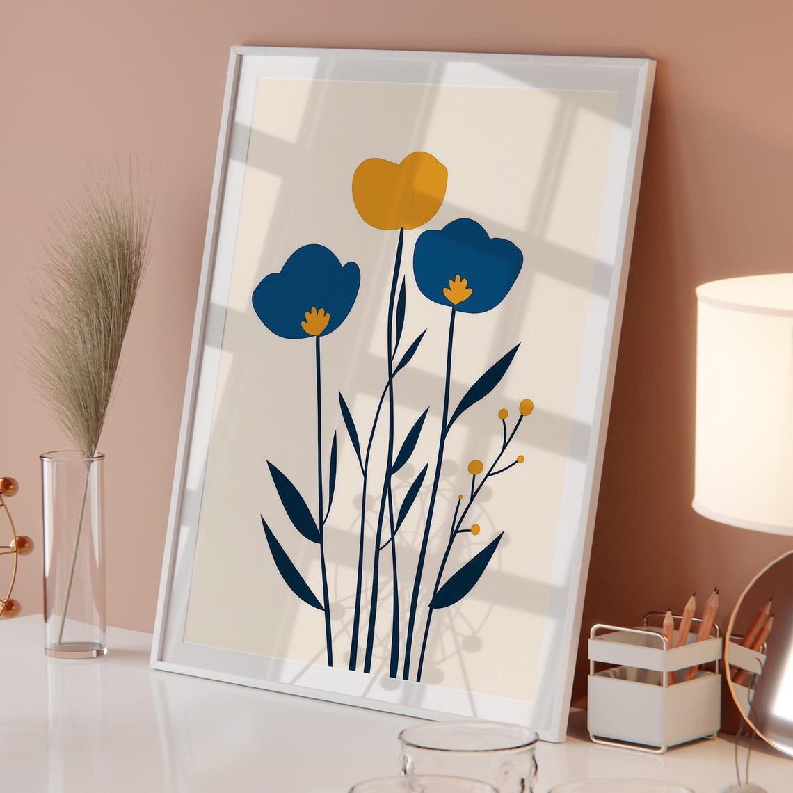 Blue and Yellow Minimalist Flowers Poster Modern Abstract Art - Image 5