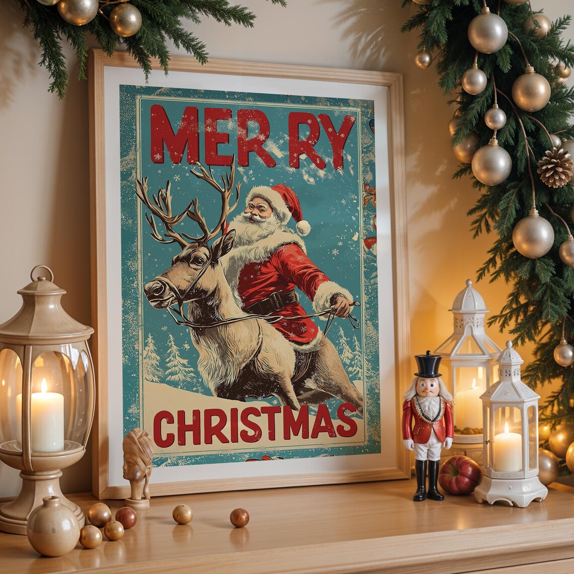 Retro Merry Christmas Santa Claus Riding Reindeer Vintage Style Poster - Image 4