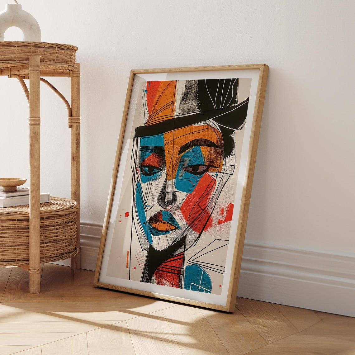 Abstract Geometric Cubist Face Blue Orange Modern Portrait Wall Art - Image 3