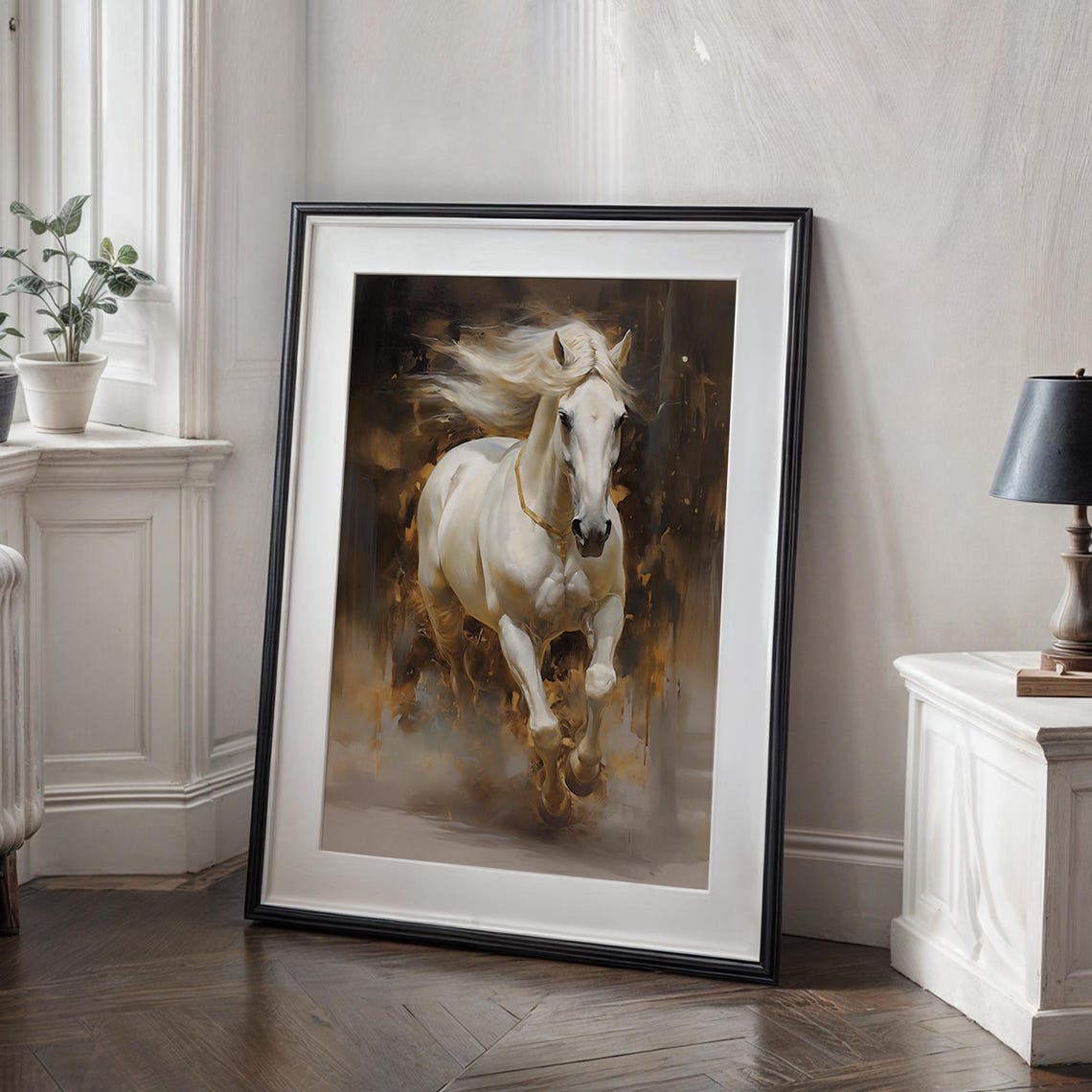 Majestic White Horse Galloping Poster on Dark Golden Background - Image 5