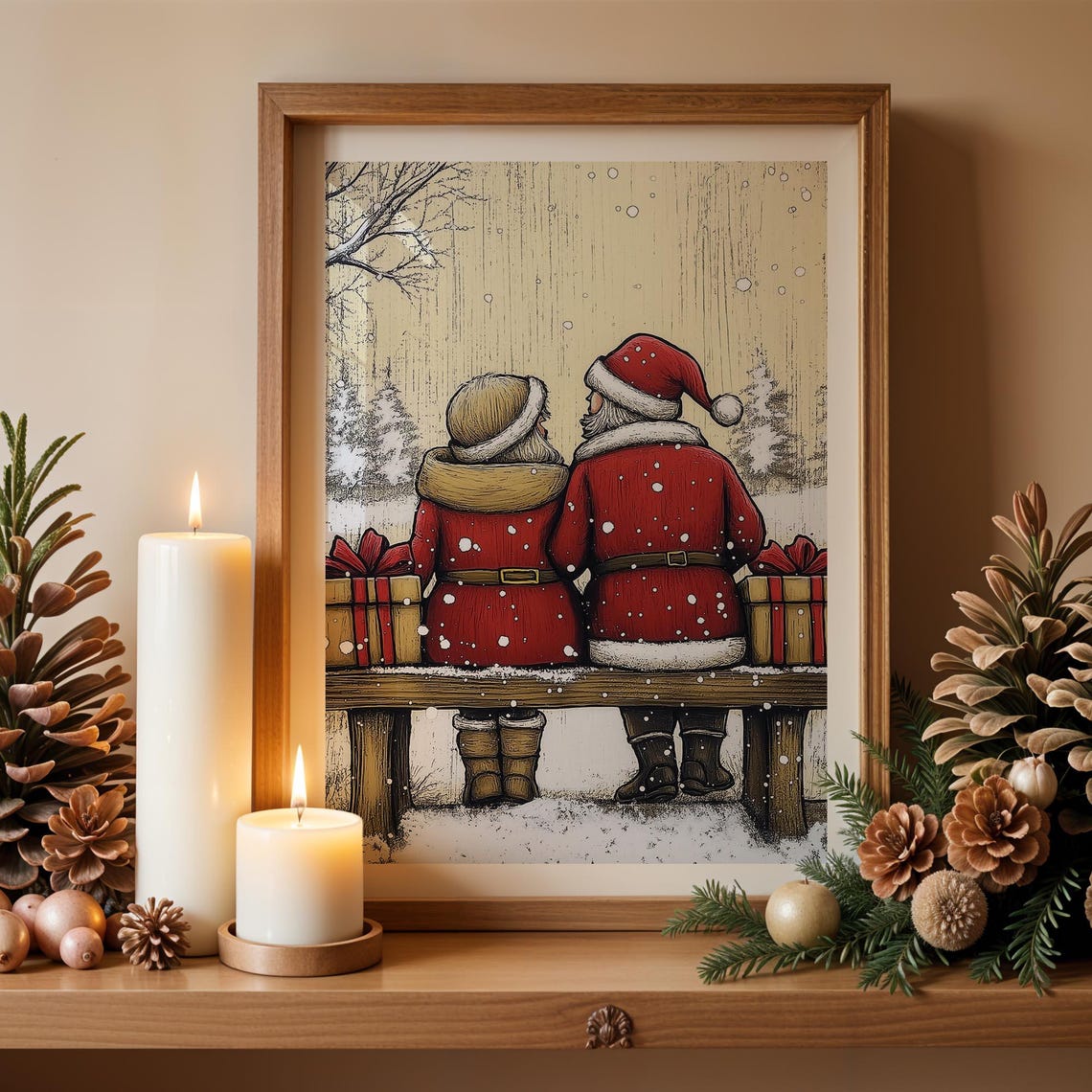Santa and Mrs Claus on Snowy Bench Romantic Vintage Christmas Wall Art - Image 5