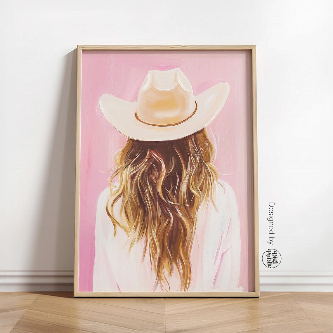 Cowgirl with White Hat from Behind Poster Pink Western Wall Decor