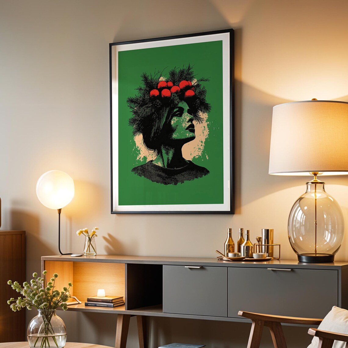 Woman Portrait Christmas Ornament Hair Crown Green Pop Art Wall Art - Image 4