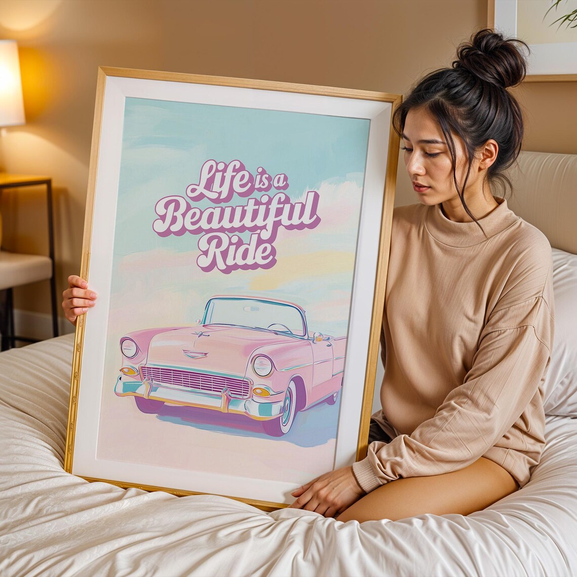 Life Is A Beautiful Ride Pink Vintage Car Quote Garage Wall Decor Poster - Image 2