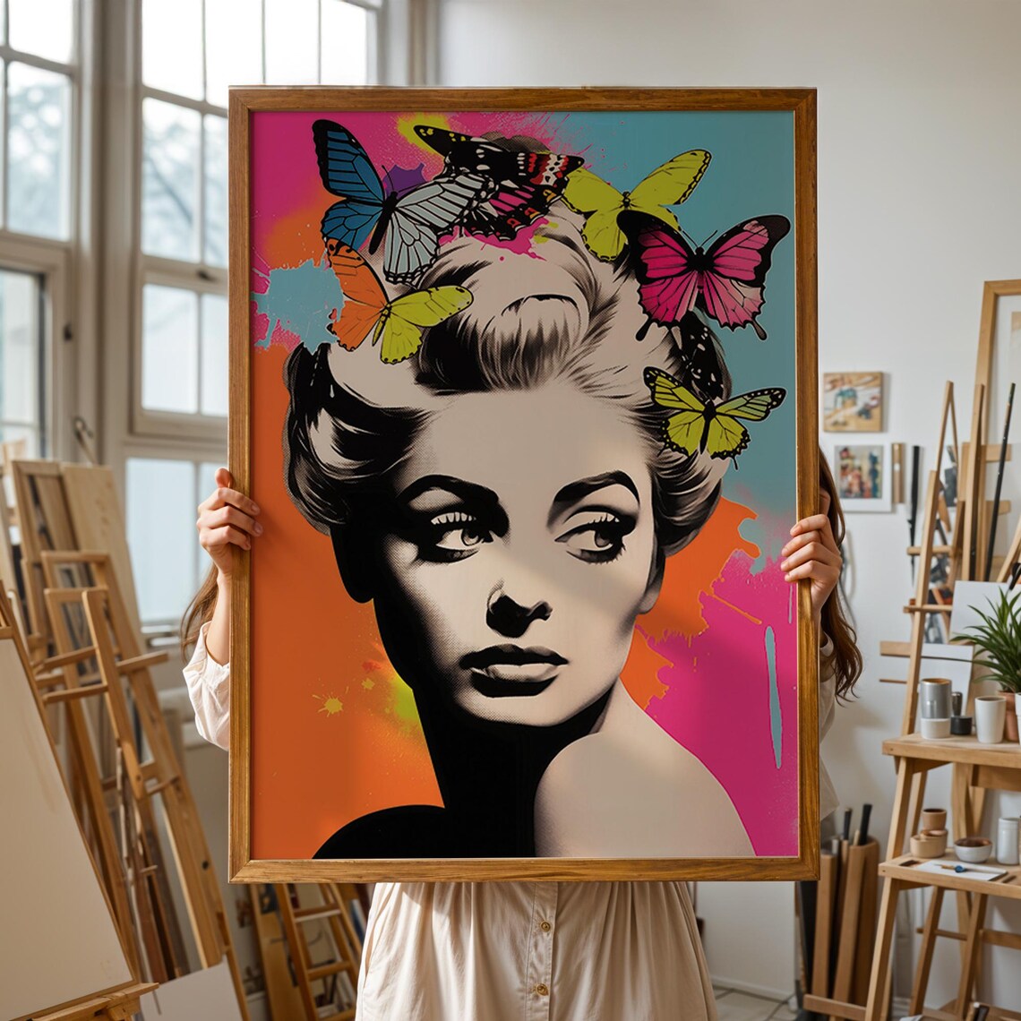 Pop Art Woman With Colorful Butterflies Crown Portrait Poster - Image 2