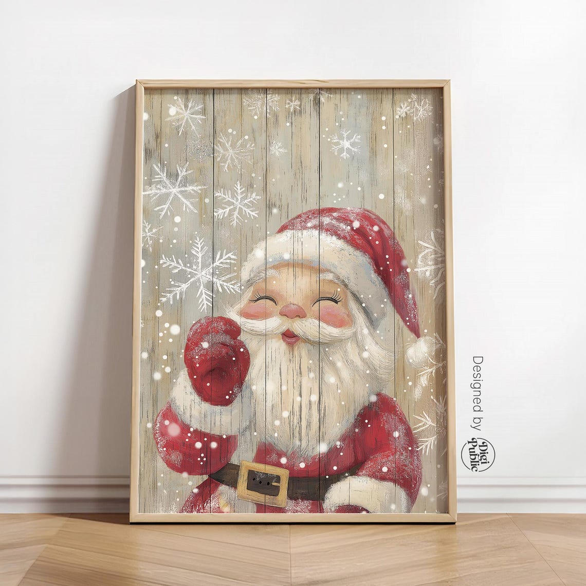 Cute Waving Santa Claus Rustic Wooden Plank Snowflake Nursery Wall Art