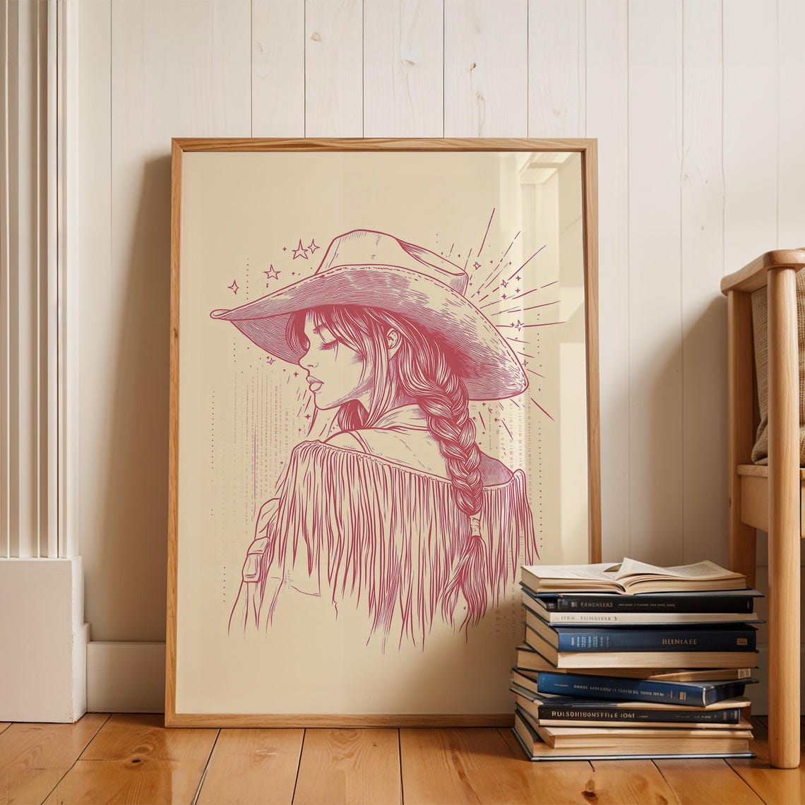 Blush Pink Line Art Cowgirl With Braid Fringe Western Poster - Image 2