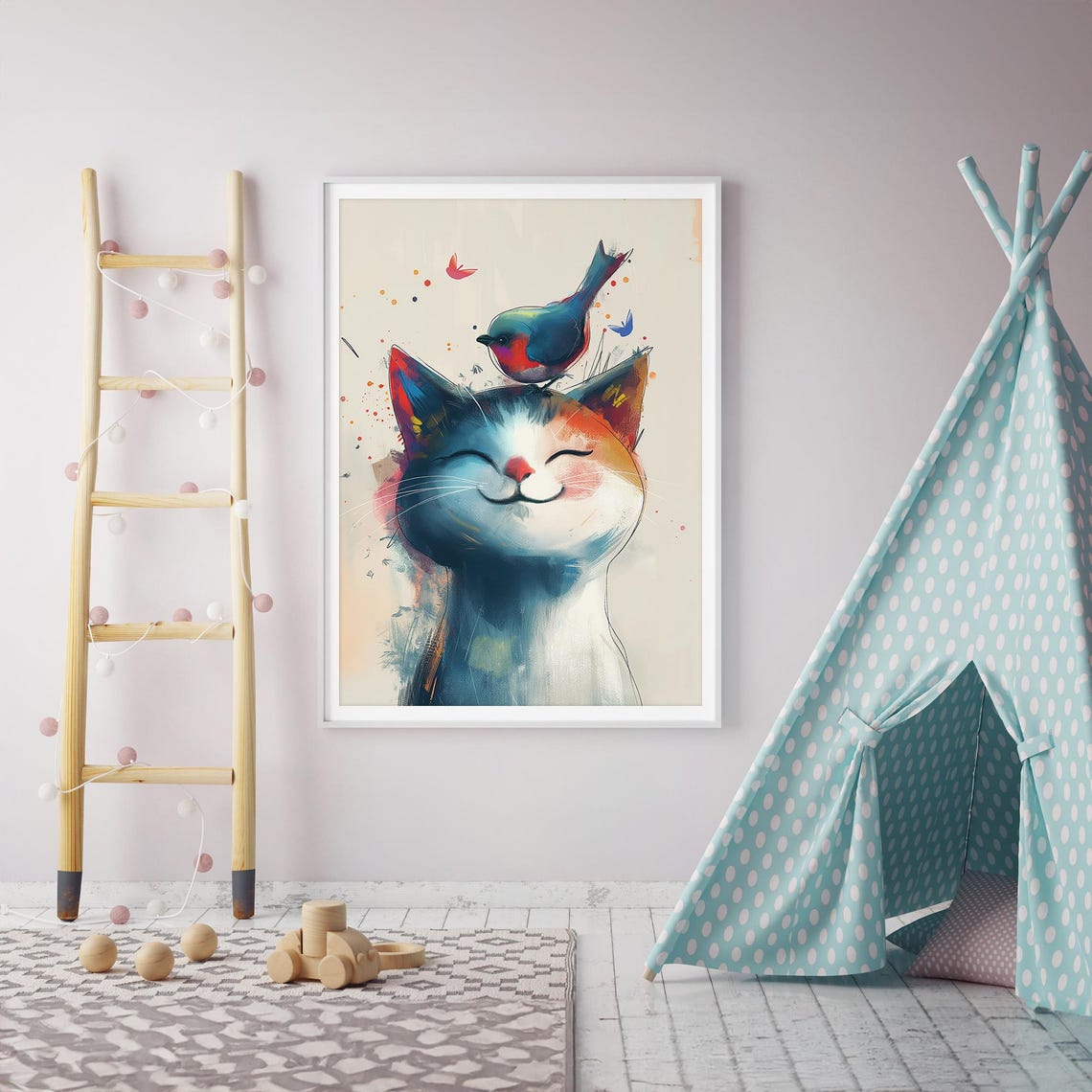 Cute Smiling Cat with Bird on Head Watercolor Whimsical Nursery Poster - Image 3