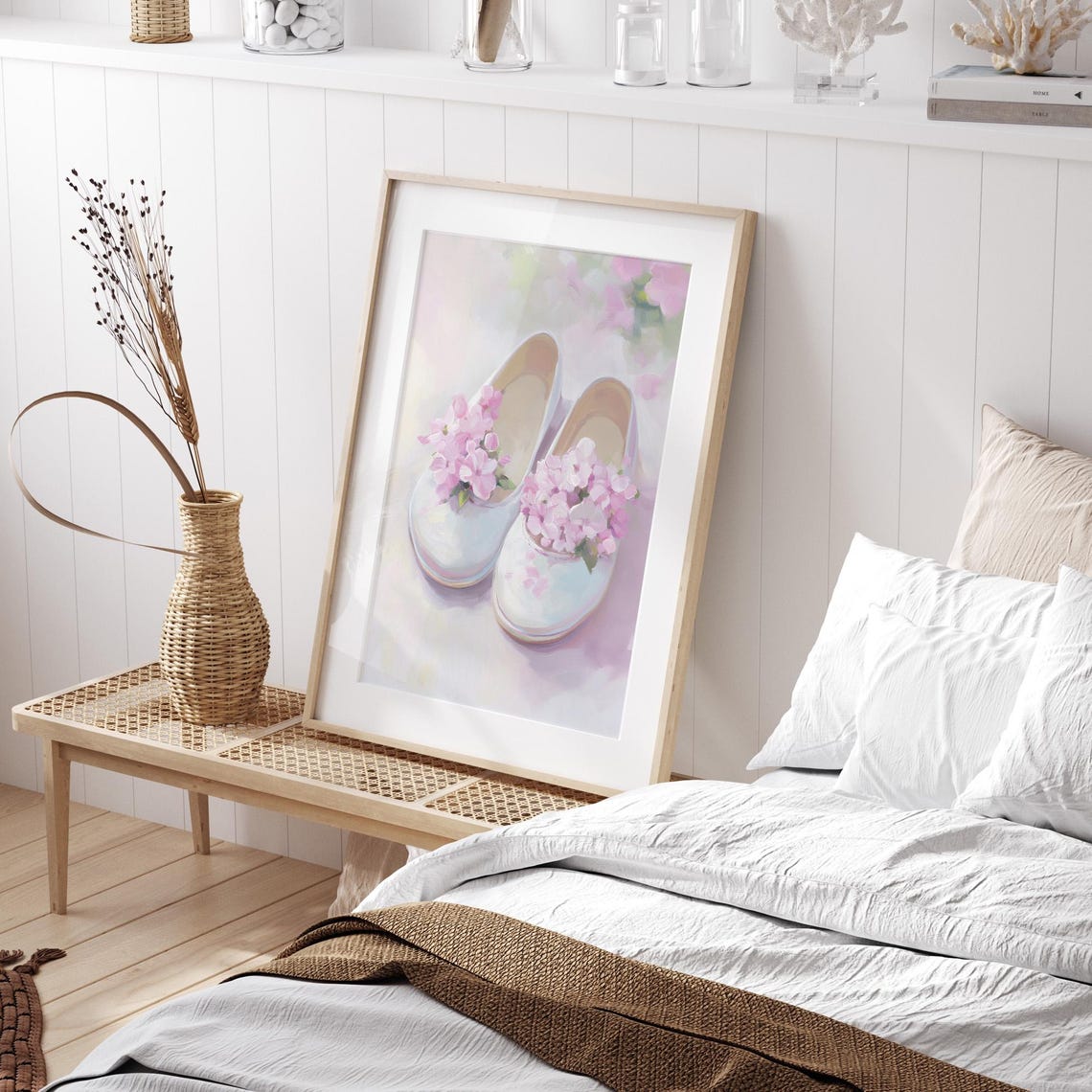 White Ballet Shoes with Pink Flowers Poster Soft Feminine Decor - Image 4