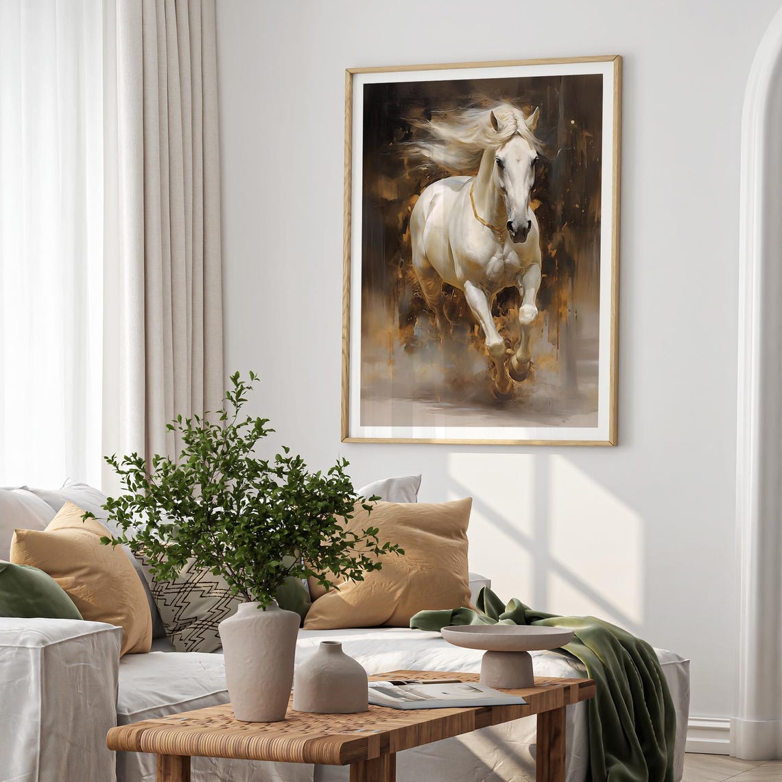Majestic White Horse Galloping Poster on Dark Golden Background - Image 2