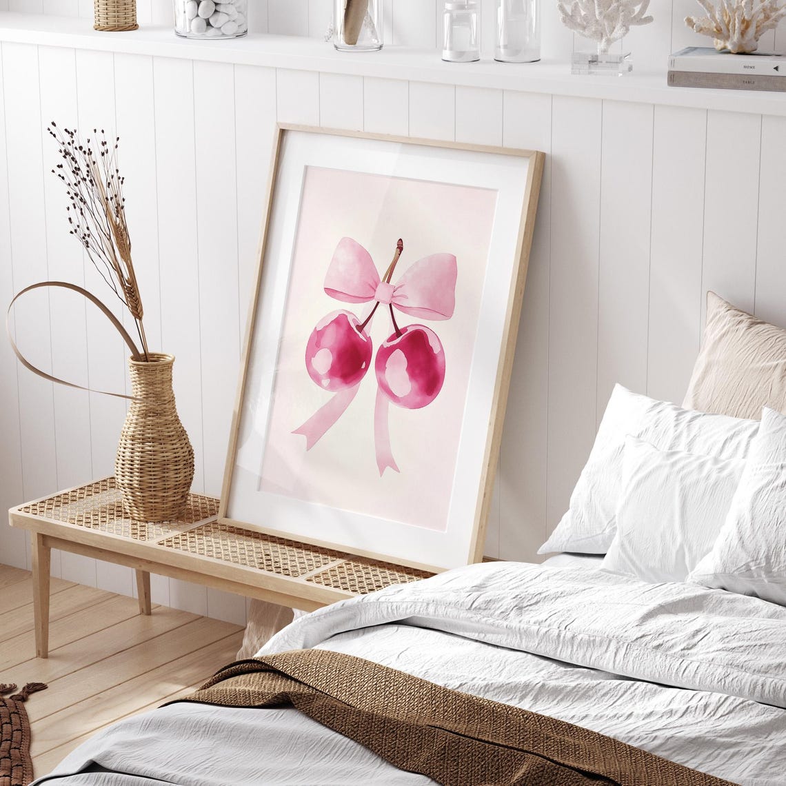 Pink Cherries with Bow Watercolor Poster Cute Fruit Wall Decor - Image 3