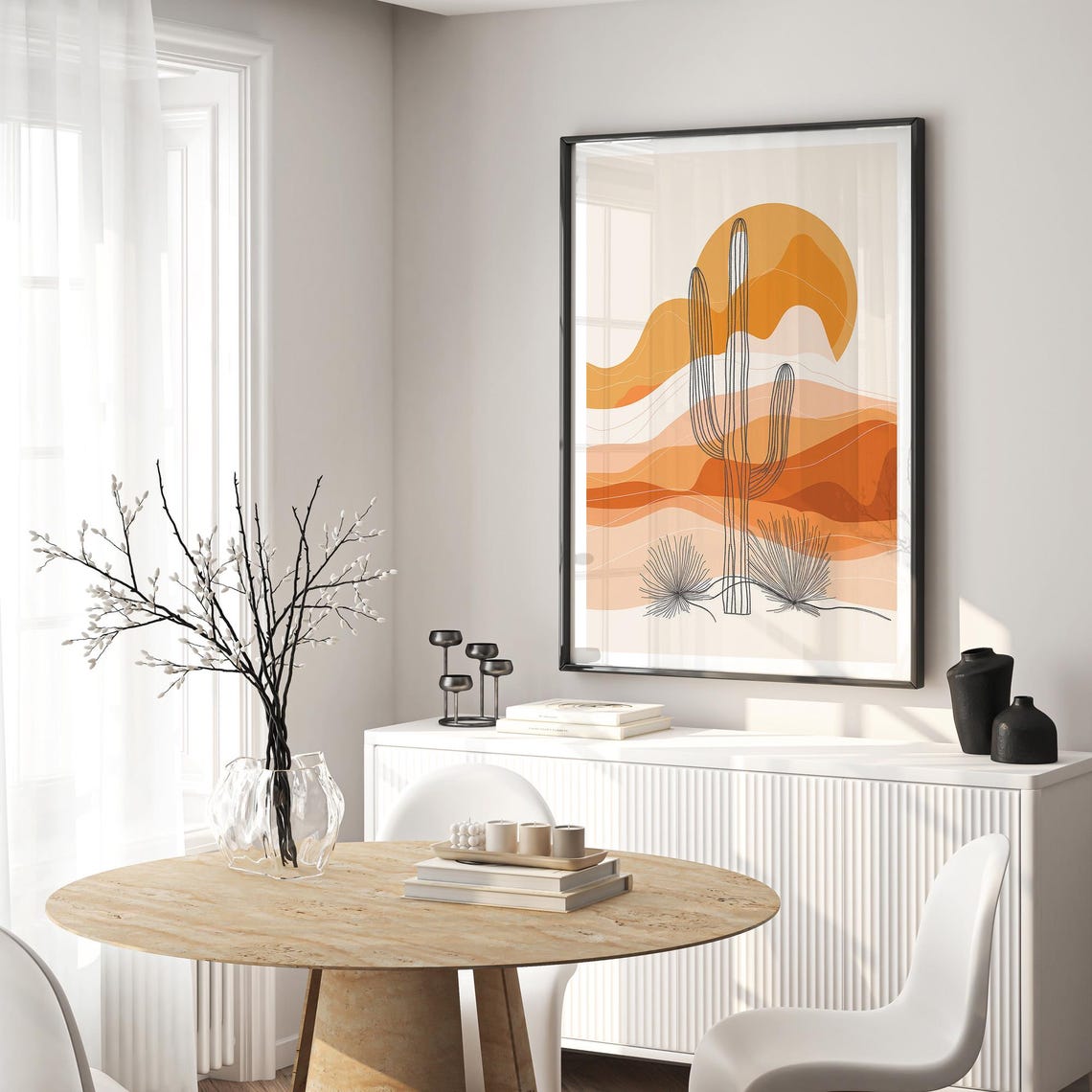 Desert Saguaro Cactus Sunset Line Art Boho Style Wall Poster - Image 2