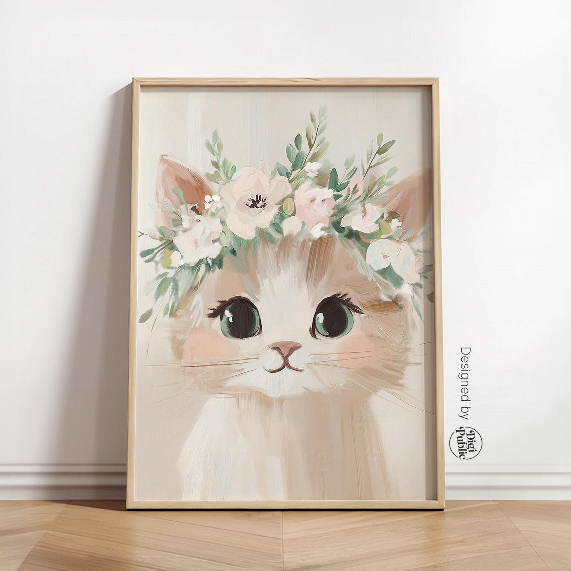 Cute Kitten Flower Crown Watercolor Poster Whimsical Nursery Decor