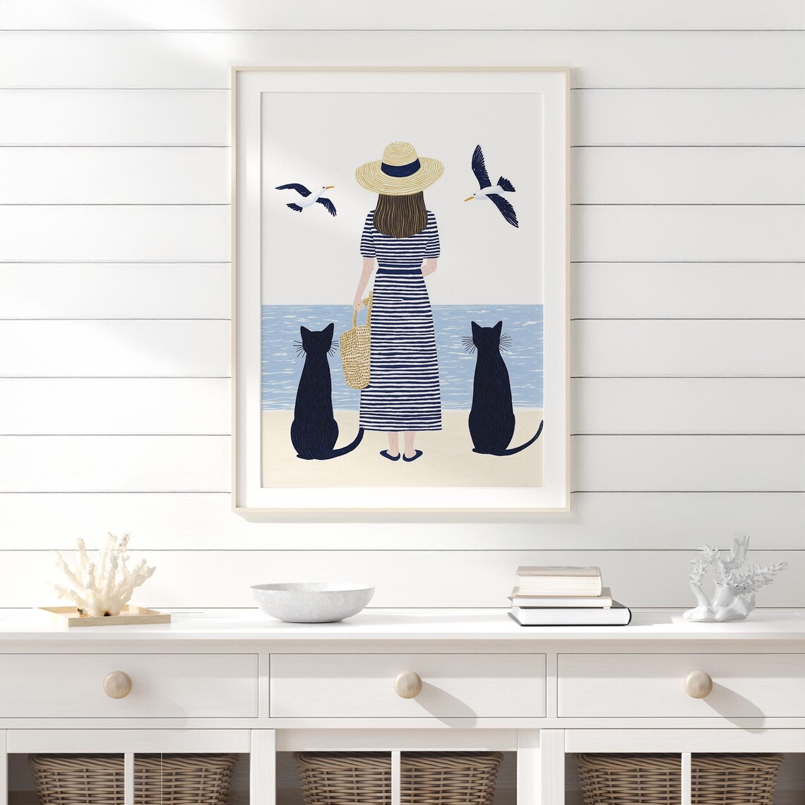 Woman With Two Black Cats On Beach Nautical Art Coastal Home Decor Poster - Image 3