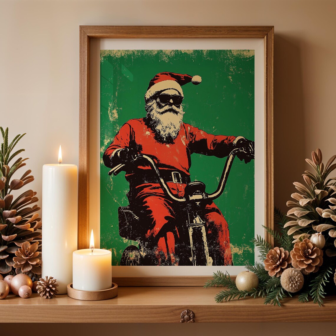 Cool Santa Claus Riding Motorcycle Sunglasses Retro Green Xmas Poster - Image 4