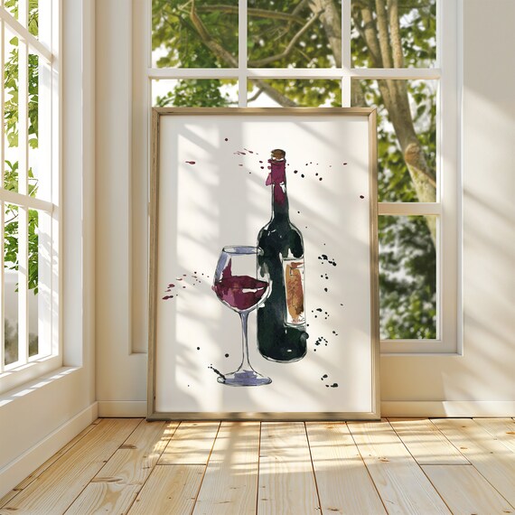 Red Wine Bottle and Glass Watercolor Splatter Kitchen Poster