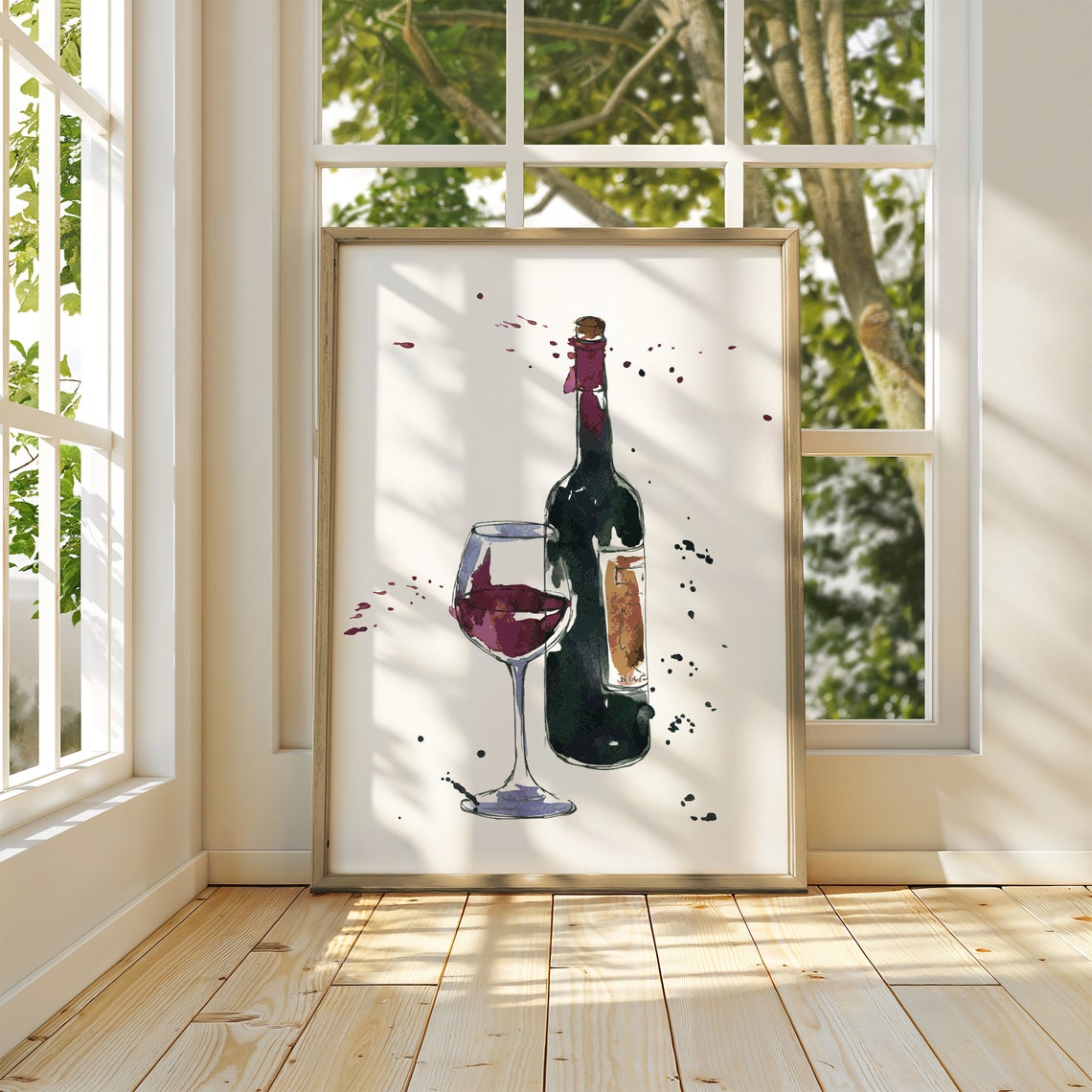 Red Wine Bottle and Glass Watercolor Splatter Kitchen Poster