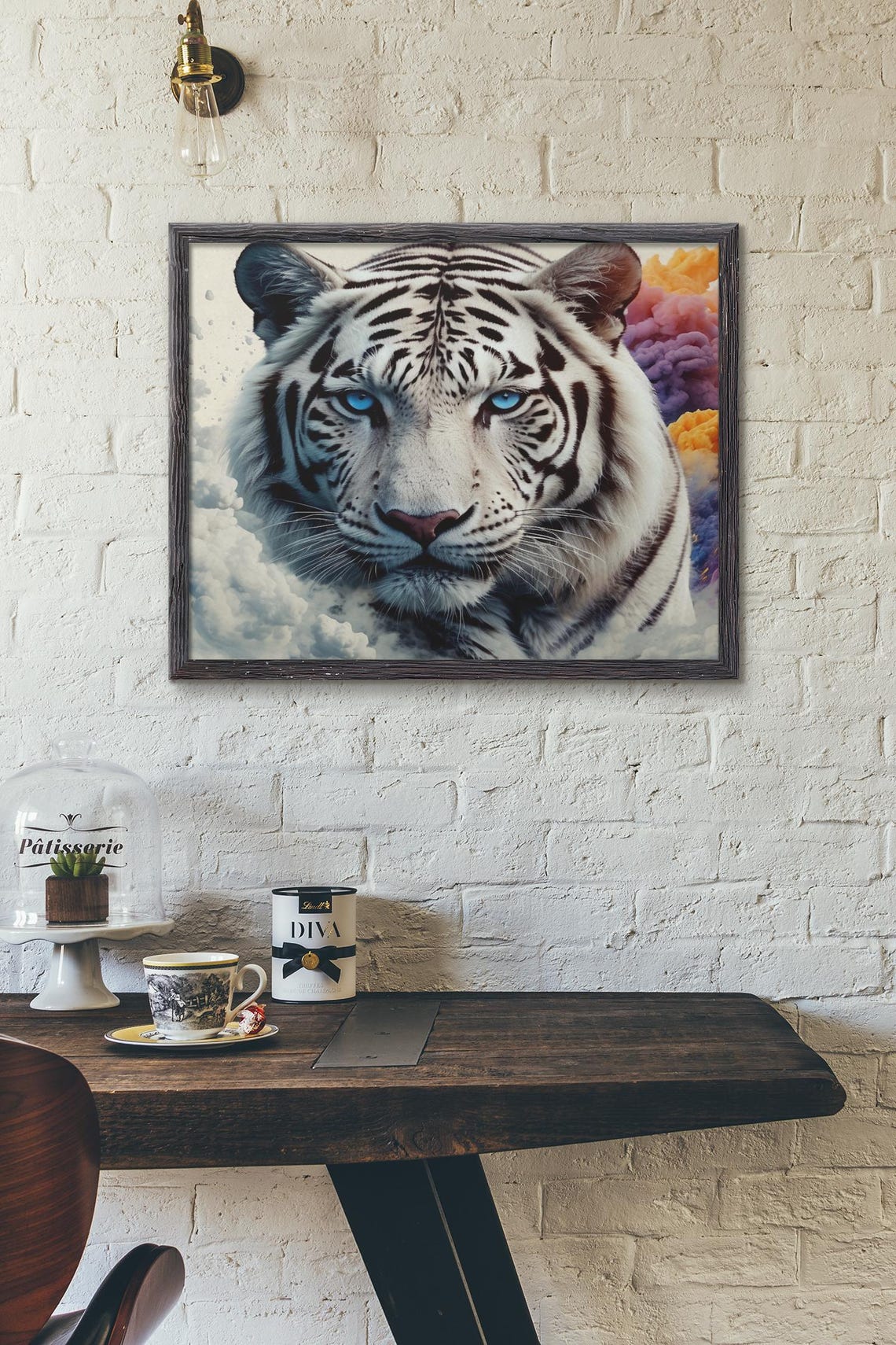 White Tiger With Piercing Blue Eyes Colorful Smoke Portrait Poster - Image 4