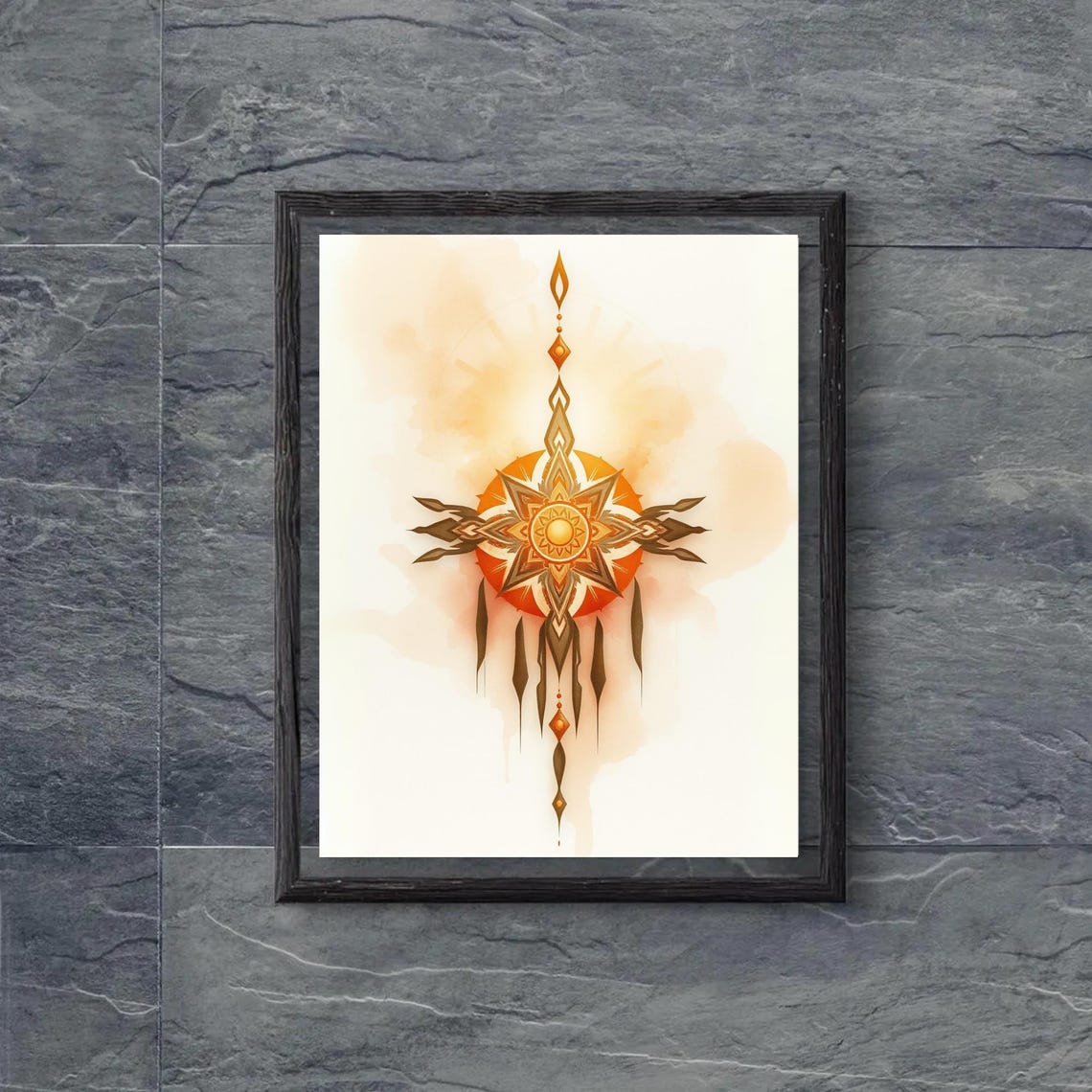 Boho Mandala Sun Star Orange Watercolor Tribal Spiritual Poster