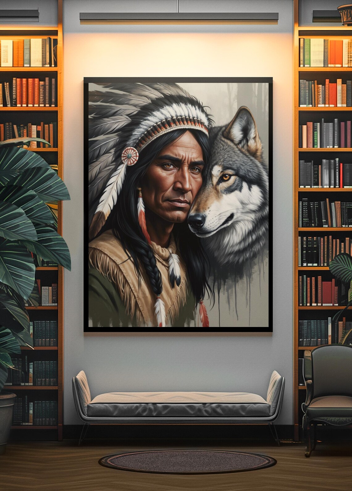 Native American Chief Feather Headdress Wolf Portrait Spiritual Poster - Image 4