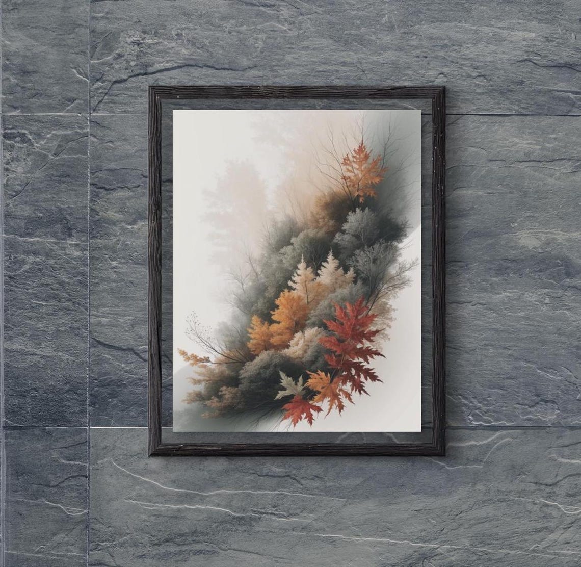 Foggy Fall Forest With Red And Gold Maple Leaves Nature Wall Poster