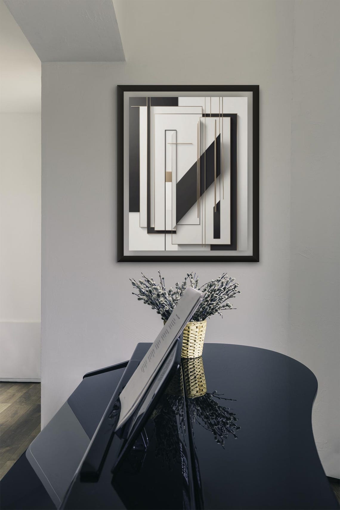 Monochrome Geometric Abstract Layers With Gold Lines Modern Poster - Image 3