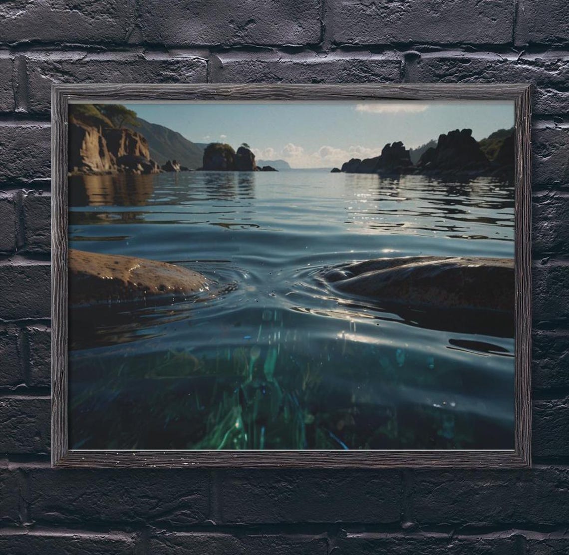Crystal Clear Water Between Dark Rocks Zen Coastal Lake Poster