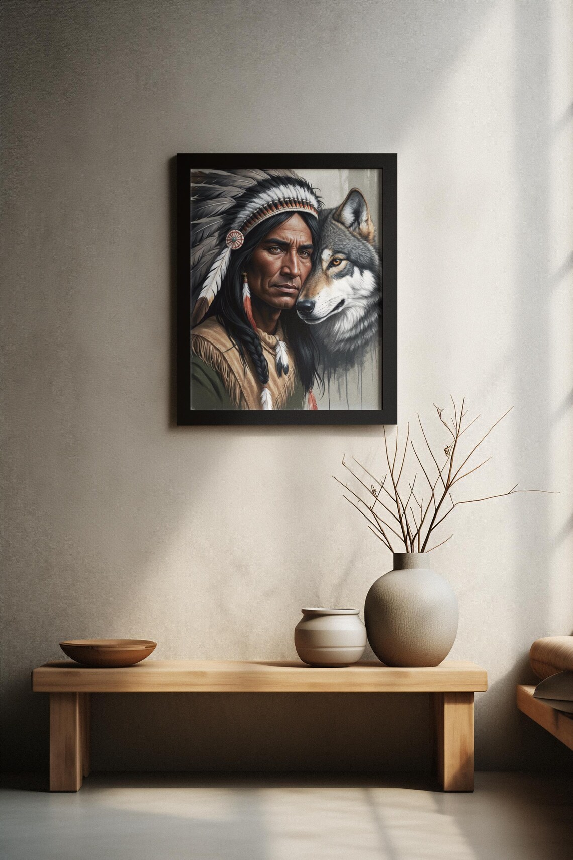Native American Chief Feather Headdress Wolf Portrait Spiritual Poster - Image 3