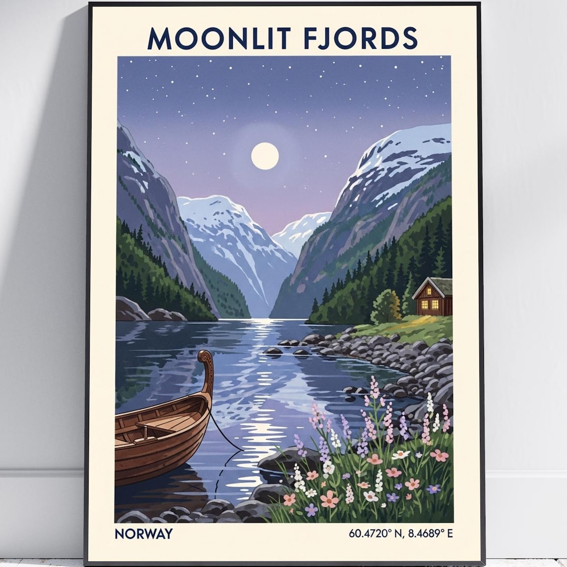 Moonlit Fjords Norway Viking Wooden Boat Night Travel Poster