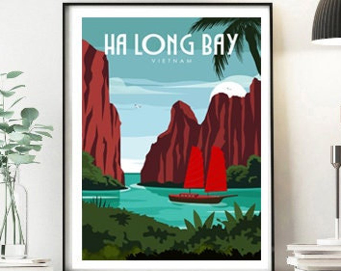 Ha Long Bay Vietnam Red Sails Junk Boat Cliffs Travel Poster