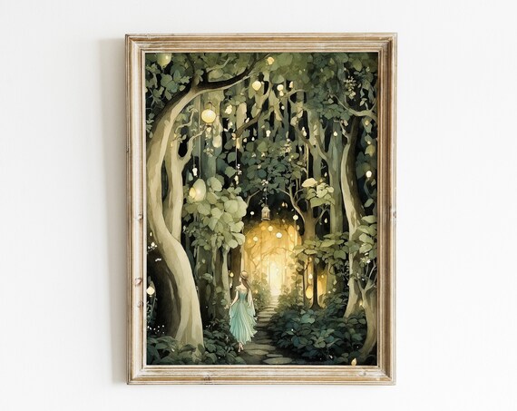Princess Walking Glowing Lantern Forest Night Fantasy Poster