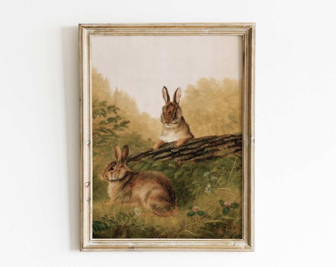 Vintage Rabbits Resting In Meadow Rustic Wildlife Nursery Poster