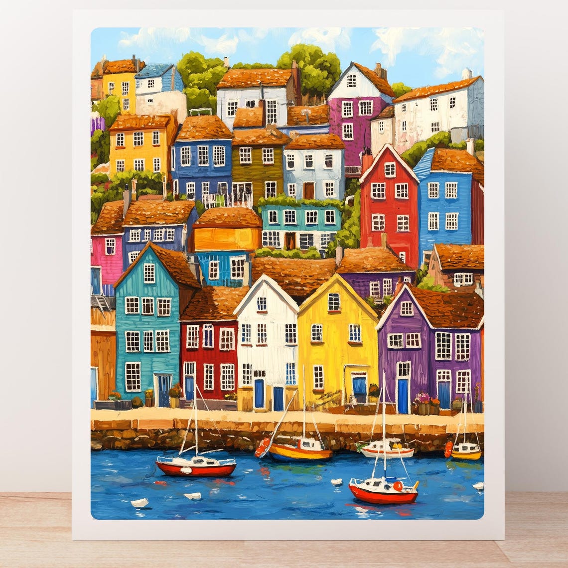 Gouache Seaside Town Art Print Colorful Coastal Village Painting Nautical Seascape Wall Decor Whimsical Home Art - Image 5