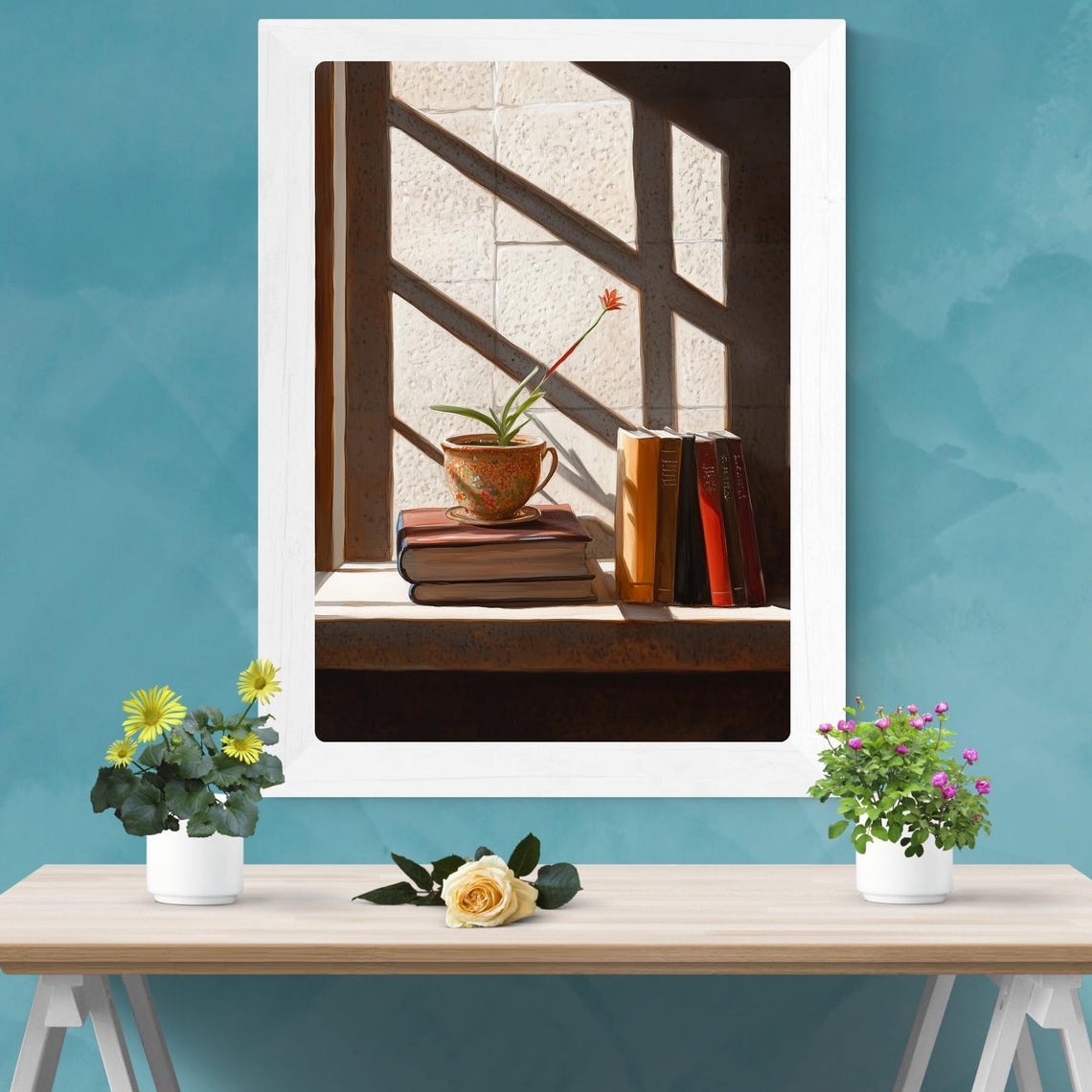 Sunlit Window Books Potted Flower Still Life Reading Nook Poster - Image 2