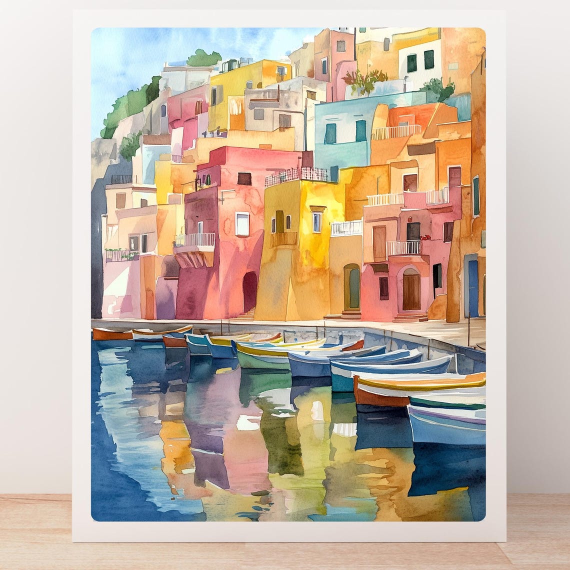 Procida Italy Colorful Harbor Houses Boats Watercolor Poster - Image 4